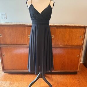 Donna Morgan Chiffon Black Midi Dress with Gold Beaded Spaghetti Straps